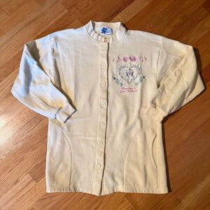 Pale Yellow Button-Up Cardigan with Floral Embroidery and pockets